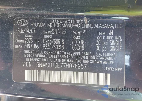 2007 Hyundai Santa Fe Limited/Se from USA, damaged, VIN 5NMSH13E77H076257